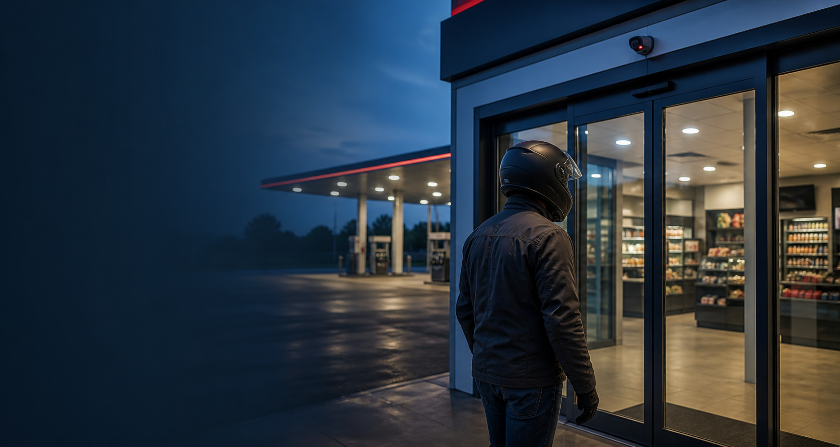 Fictieve visualisatie van een persoon met helm bij een gesloten automatische winkeldeur